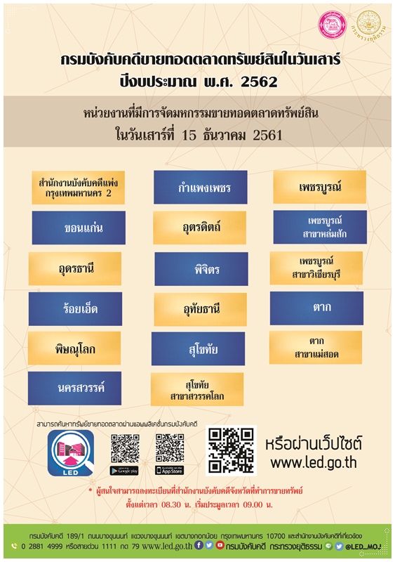 ﻿กรมบังคับคดีจัดการขายทอดตลาดทรัพย์สินทุกวันเสาร์ สำหรับเดือนธันวาคม  2561 